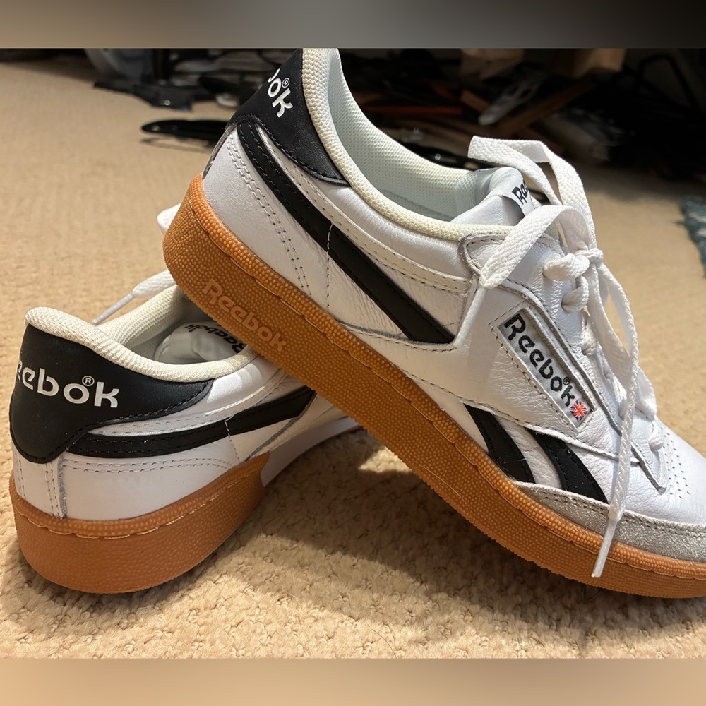 Reebok Classic White and Black Shoes with Tan Sole